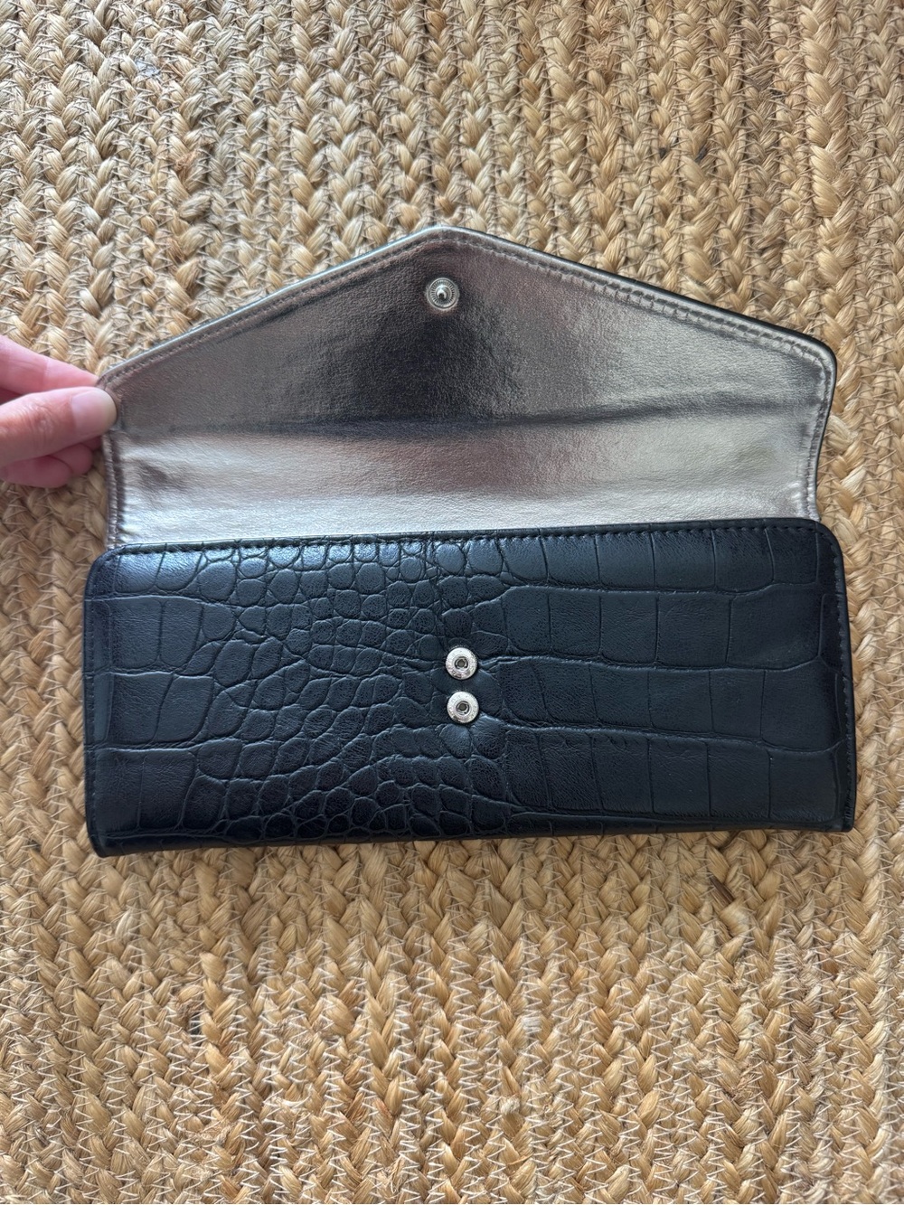 Black Croc-Embossed Envelope Clutch Purse